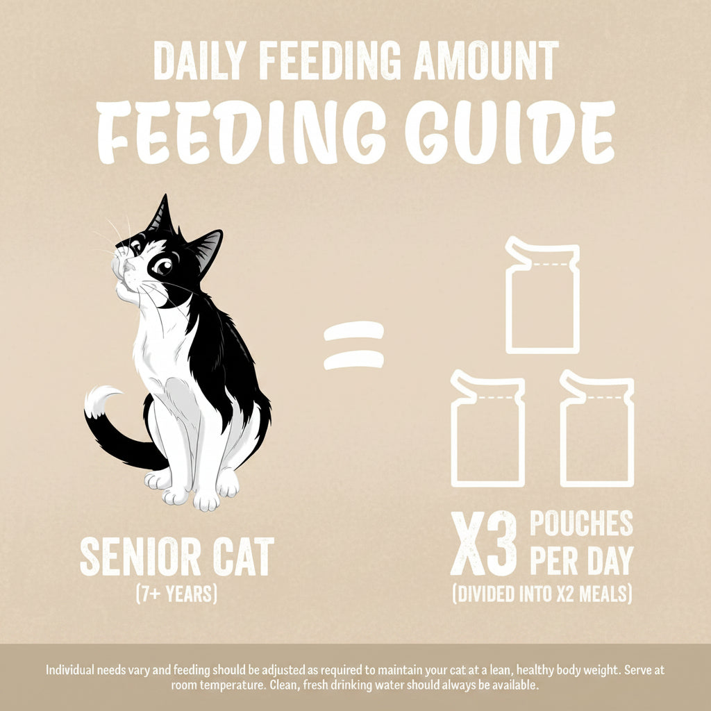 Feeding guide for senior cats with a cat illustration and text on a blue background
