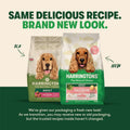 Harringtons Adult Salmon dog food packaging comparison graphic showing the old beige-and-green bag labeled 'OLD' and the new white-and-green bag labeled 'NEW' side by side, with headline text above and explanatory text below on a beige and dark green background.