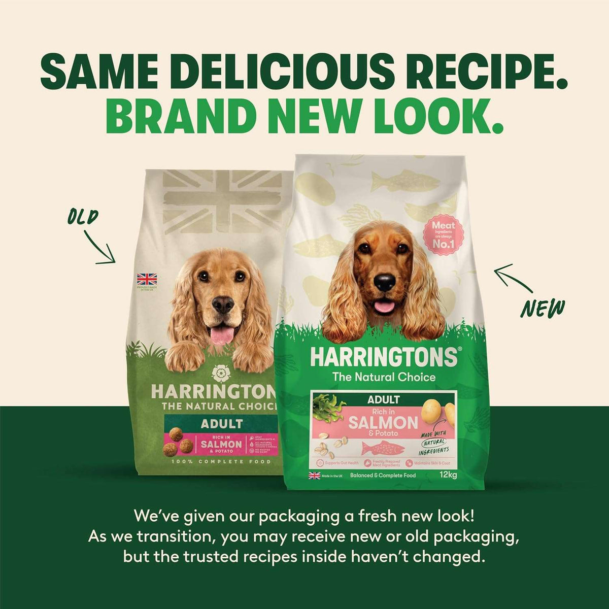 Harringtons Adult Salmon dog food packaging comparison graphic showing the old beige-and-green bag labeled 'OLD' and the new white-and-green bag labeled 'NEW' side by side, with headline text above and explanatory text below on a beige and dark green background.