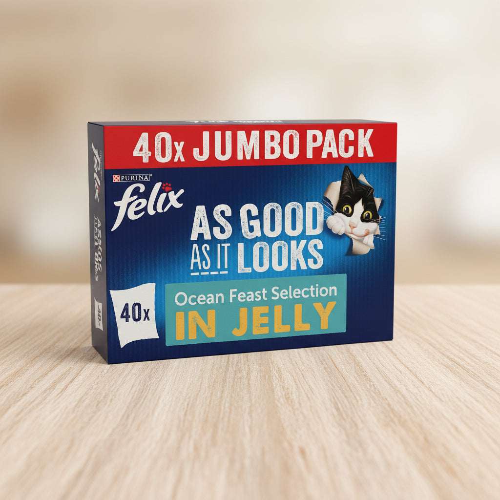 Purina Felix Ocean Feast Selection Jelly 40x Jumbo Pack cat food box, featuring a blue background with a red banner at the top and a cartoon cat peeking out from the right side.