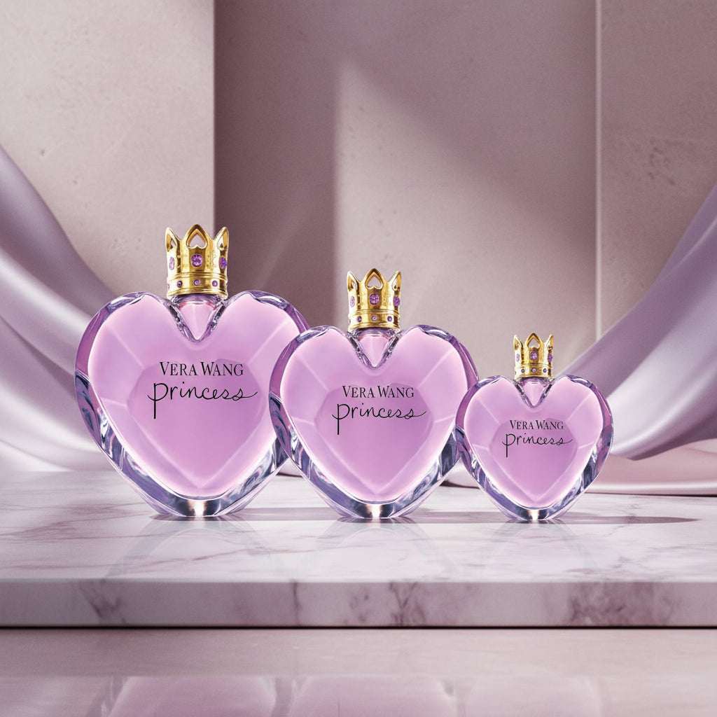 Three sizes of Vera Wang Princess perfume bottles on a dark purple background
