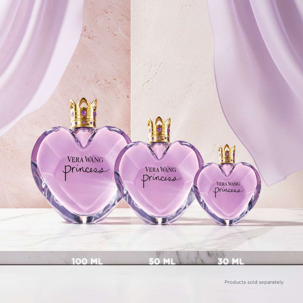 Three heart-shaped Vera Wang Princess perfume bottles of different sizes on a purple background.