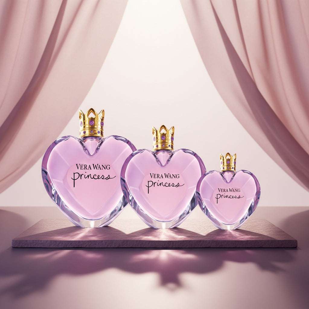 Three heart-shaped Vera Wang Princess perfume bottles of different sizes on a purple background.
