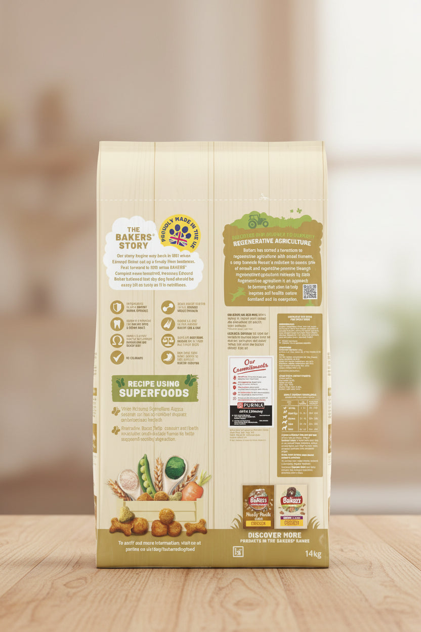 Back panel of a blue bag of Bakers Dog food, showing product information, ingredients, nutritional facts, and a small Brierley & Co. logo near the bottom.