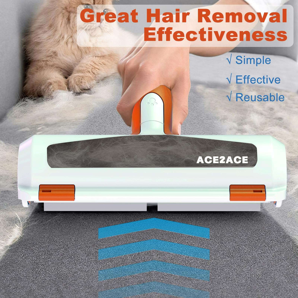 Hair removal tool with a cat and person using it, emphasizing effectiveness.