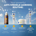 A promotional graphic for an anti-wrinkle morning routine, showing four skincare products against a blue sky background: a Nivea Q10 dual-action serum bottle, a Power Eye Cream tube, a Q10 Power Cream jar, and a Targeted Wrinkle Filler Serum tube. Text at the top reads 'Your powerful ANTI-WRINKLE MORNING ROUTINE:' and the bottom lists each product with descriptions.