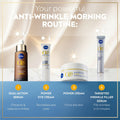 A promotional graphic for an anti-wrinkle morning routine, showing four skincare products against a blue sky background: a Nivea Q10 dual-action serum bottle, a Power Eye Cream tube, a Q10 Power Cream jar, and a Targeted Wrinkle Filler Serum tube. Text at the top reads 'Your powerful ANTI-WRINKLE MORNING ROUTINE:' and the bottom lists each product with descriptions.