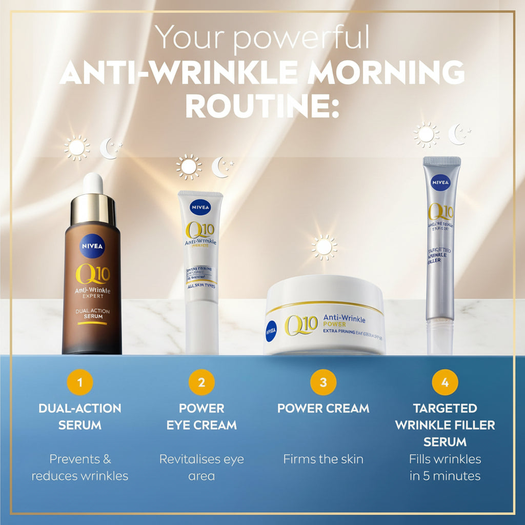 A promotional graphic for an anti-wrinkle morning routine, showing four skincare products against a blue sky background: a Nivea Q10 dual-action serum bottle, a Power Eye Cream tube, a Q10 Power Cream jar, and a Targeted Wrinkle Filler Serum tube. Text at the top reads 'Your powerful ANTI-WRINKLE MORNING ROUTINE:' and the bottom lists each product with descriptions.