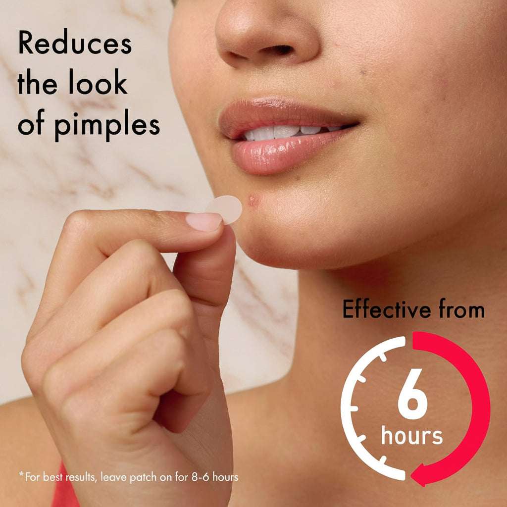 Person applying a patch to their face with text indicating it reduces the look of pimples and is effective from 6 hours.