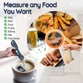 Digital food thermometer shown in a kitchen setting, with a hand inserting the probe into a cup of coffee and another hand holding the thermometer near food items like steak, bread, beer, and soup. Text reads 'Measure any Food You Want' with checked food categories.