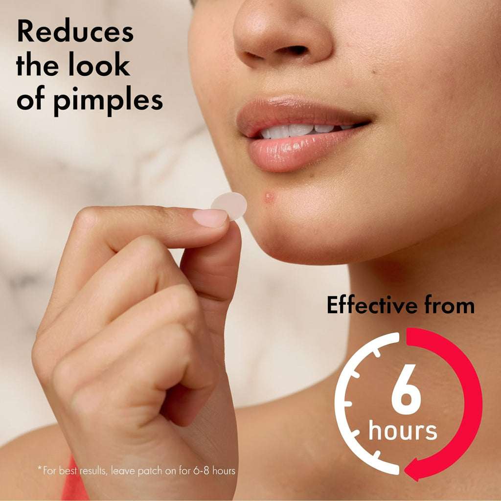 Person applying a patch to their face with text indicating it reduces the look of pimples and is effective from 6 hours.