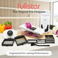 Fullstar pro chopper with attachments on a kitchen counter, featuring the brand name.