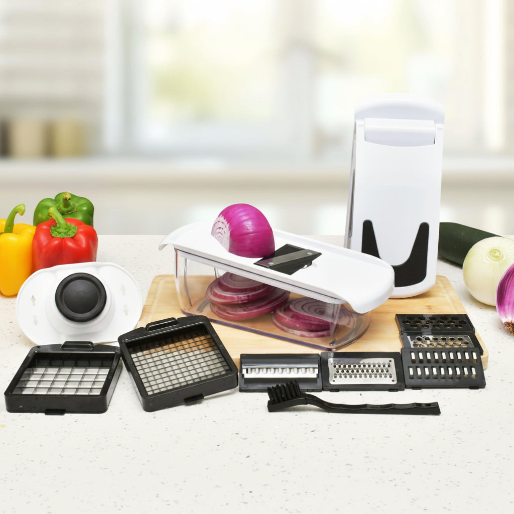 Fullstar pro chopper with attachments on a kitchen counter, featuring the brand name.