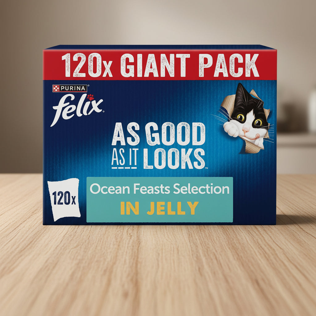 Purina Felix cat food box showing a 120x giant pack of Ocean Feasts Selection in Jelly. The packaging features a dark blue background with a red banner at the top, white text, and a cartoon black and white cat peeking from a cardboard tube on the right.