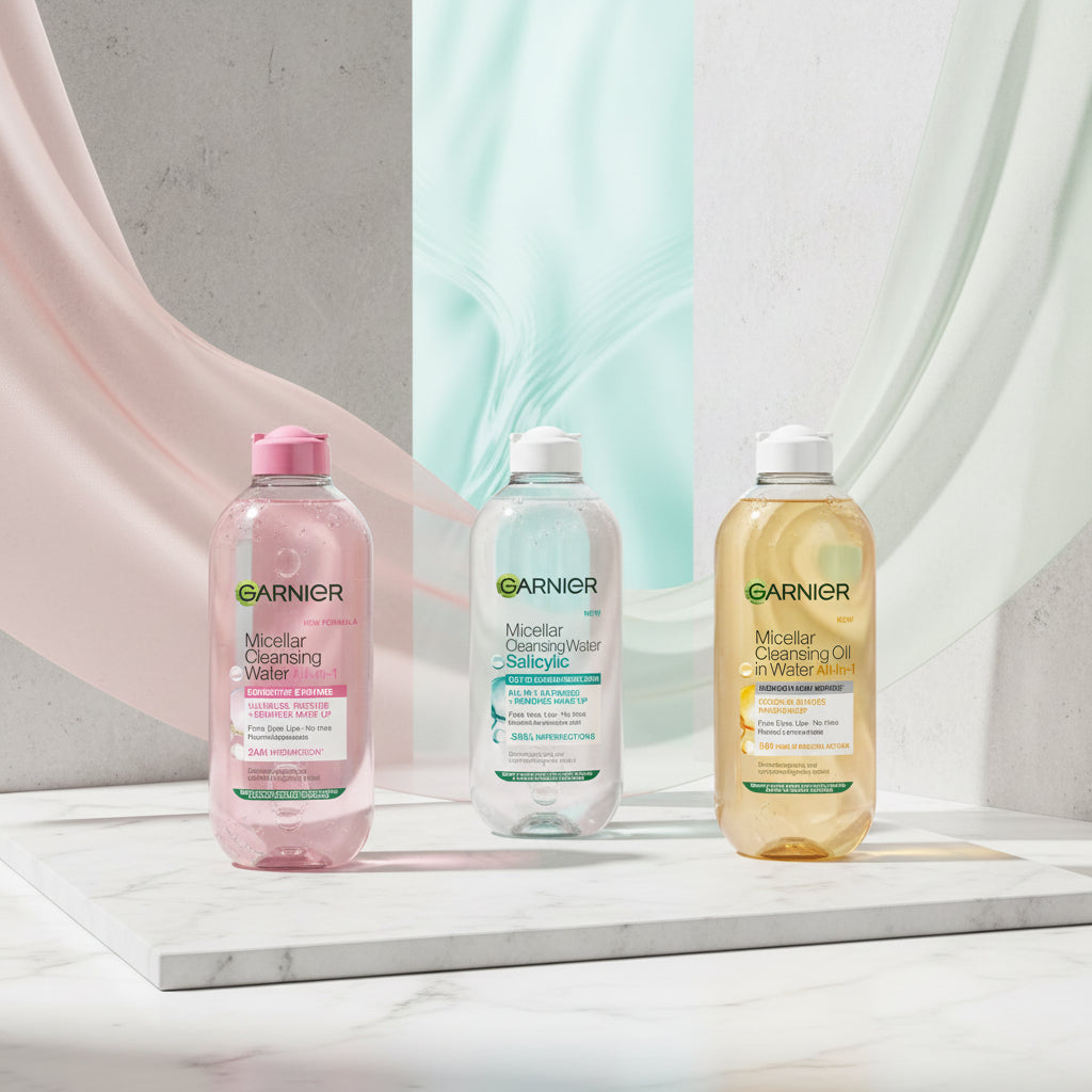 A promotional graphic for Garnier Micellar Cleansing Water in three variants: Sensational Pink, Salicytic Blue, and All-In-One Yellow. The image features a header that reads 'WHICH MICELLAR WATER SUITS YOUR SKIN?' with three columns matching products to skin types and use cases.