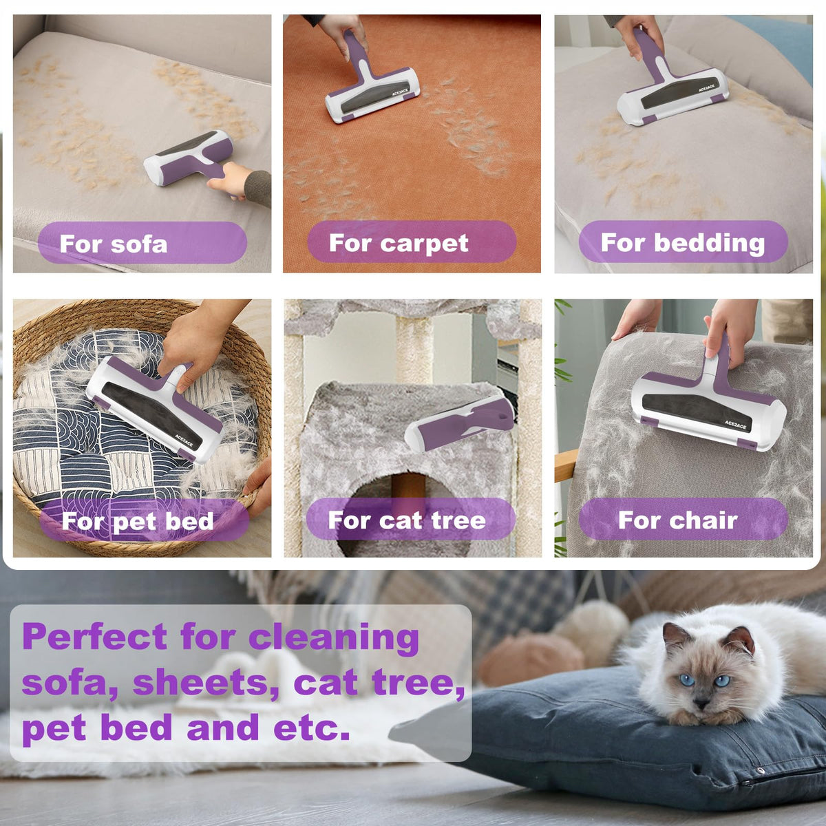 Cleaning tool being used on various surfaces with text indicating its uses.