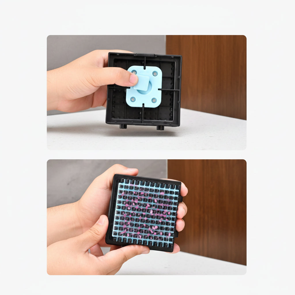 Product with patented press-to-clean design being demonstrated on a wooden surface.