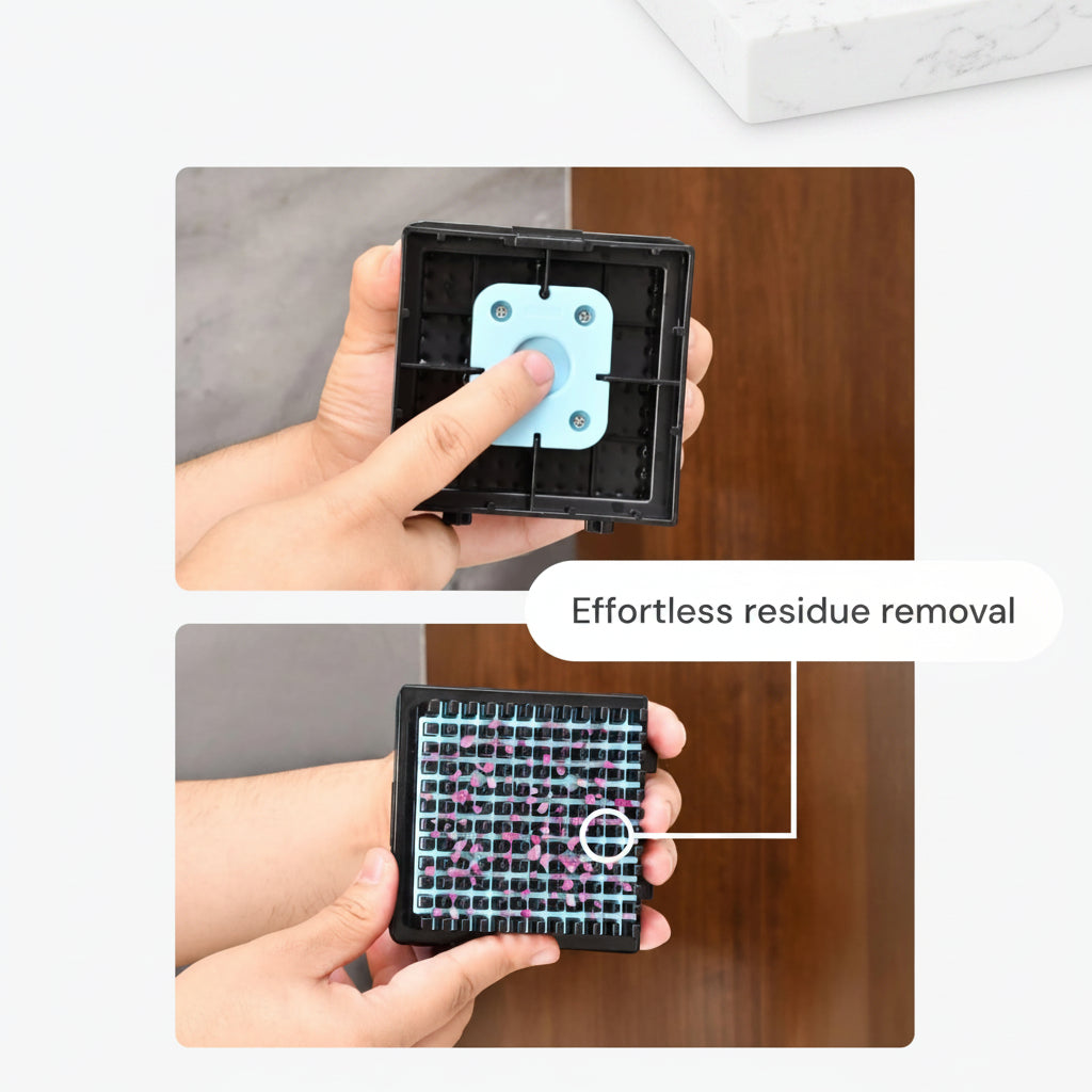 Product with patented press-to-clean design being demonstrated on a wooden surface.