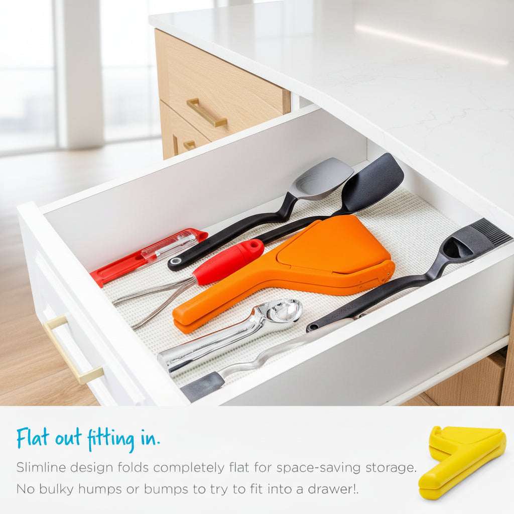 Set of kitchen utensils including spatulas and ladles in a drawer with text about space-saving design.