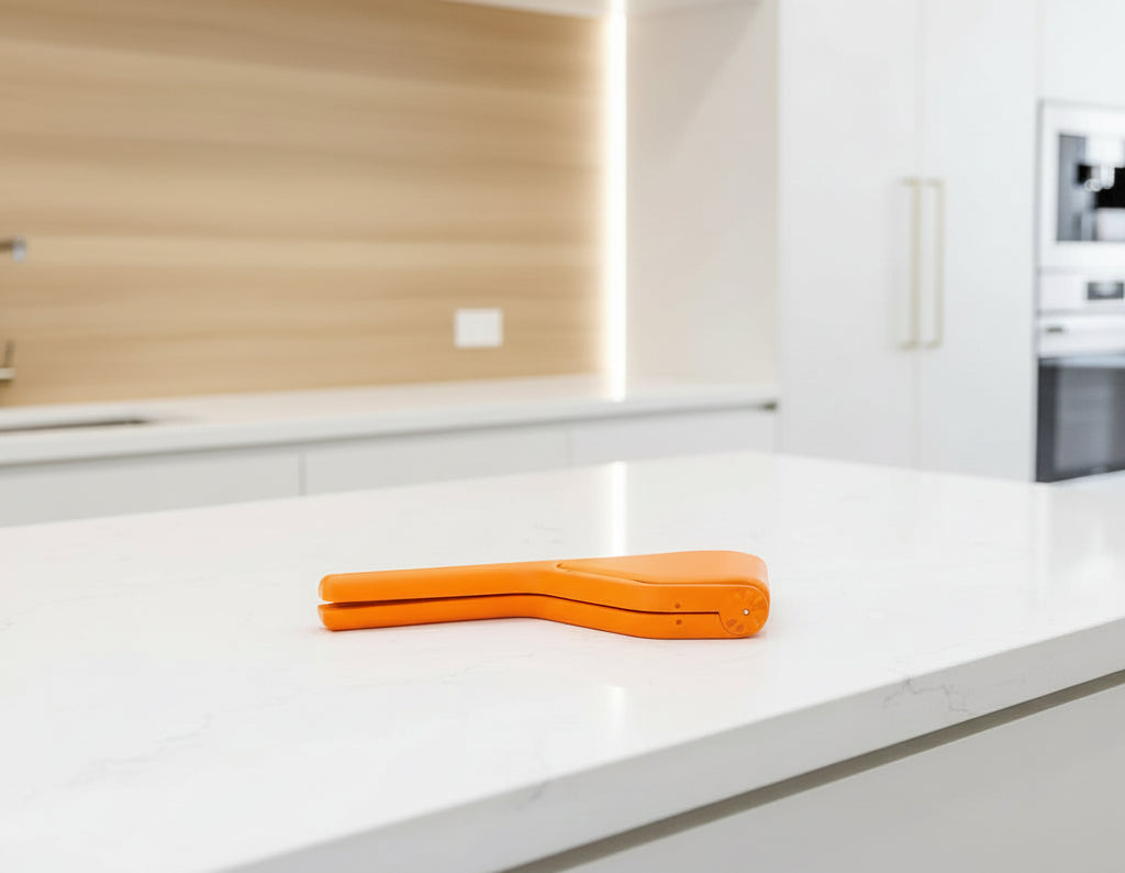 Set of kitchen utensils including spatulas and ladles in a drawer with text about space-saving design.