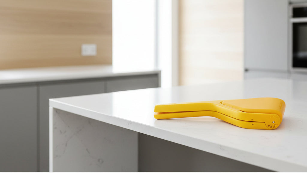 Set of kitchen utensils including spatulas and ladles in a drawer with text about space-saving design.