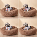 Dog in a sweater sitting on a fluffy brown pet bed in various poses.