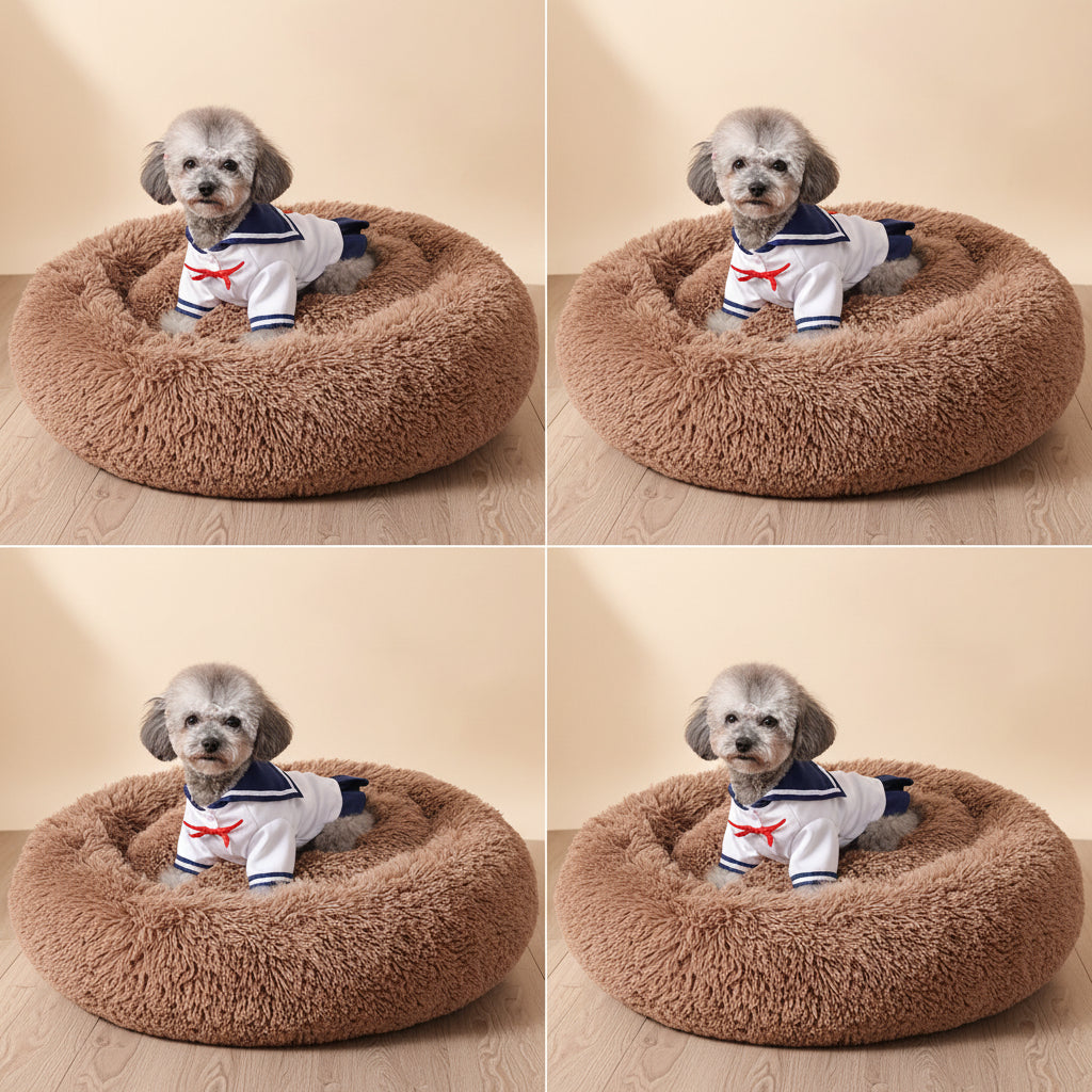 Dog in a sweater sitting on a fluffy brown pet bed in various poses.