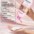 Garnier Micelining Cleansing Water with pH 1.0 shown in a pink bottle with a pink cap, being poured onto a white reusable pad held in a hand against a light pink background, with text on the left explaining the three-step cleansing process.