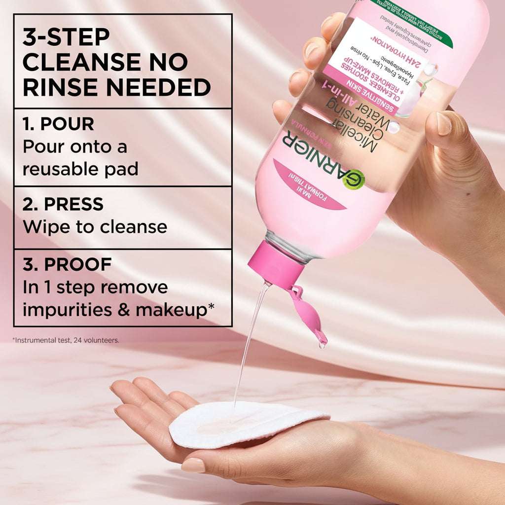 Garnier Micelining Cleansing Water with pH 1.0 shown in a pink bottle with a pink cap, being poured onto a white reusable pad held in a hand against a light pink background, with text on the left explaining the three-step cleansing process.