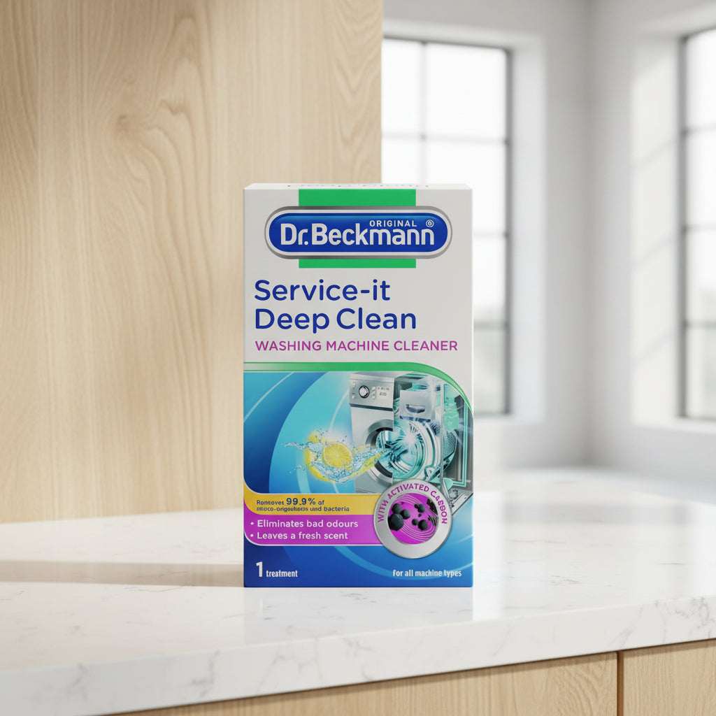 Front-facing box of Dr. Beckmann Original Service-it Deep Clean Washing Machine Cleaner, with blue and white packaging, a washing machine graphic, and product claims on a plain white background.