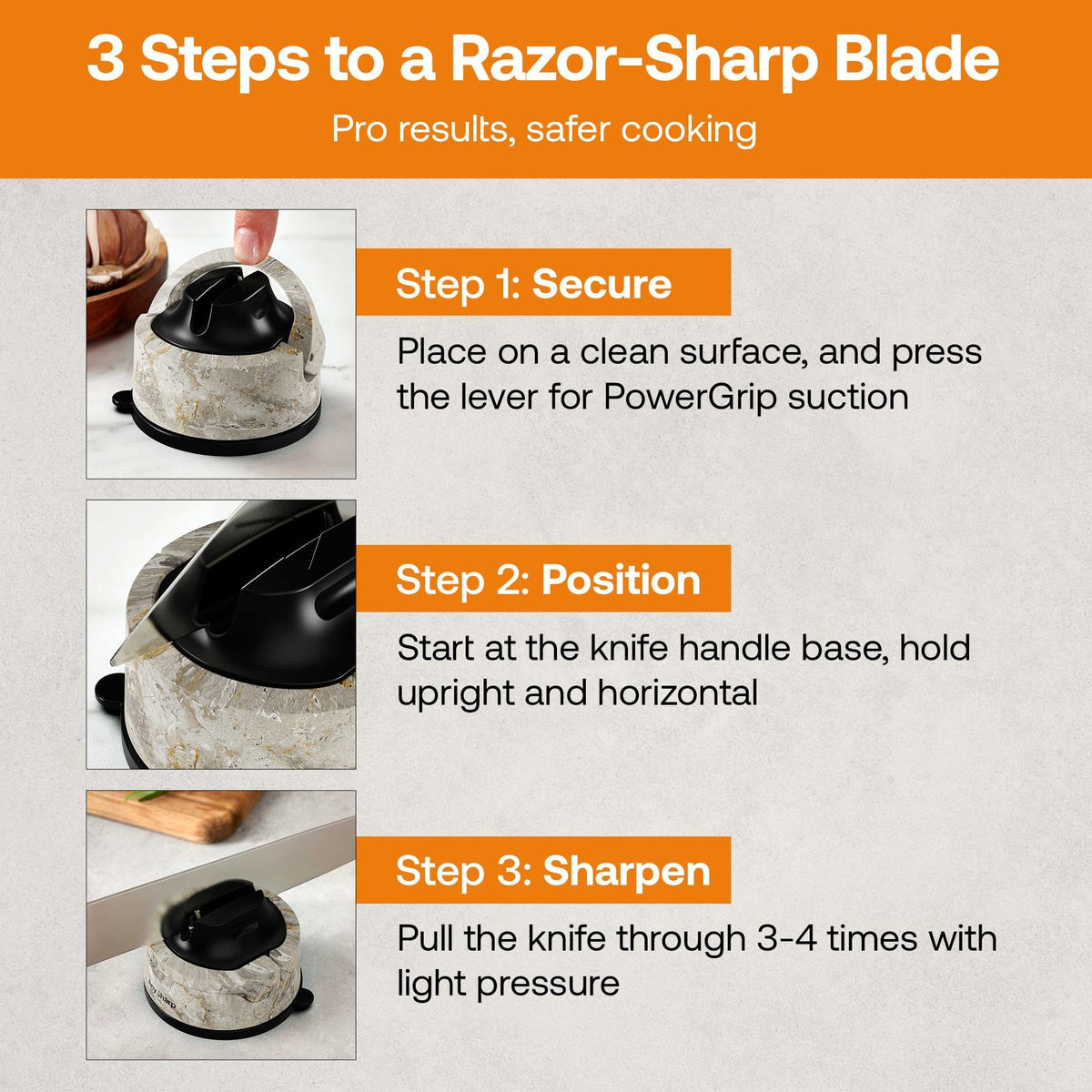 Instructional graphic titled '3 Steps to a Razor-Sharp Blade' showing three labeled steps with small photos of a knife being sharpened and handled on a light background.