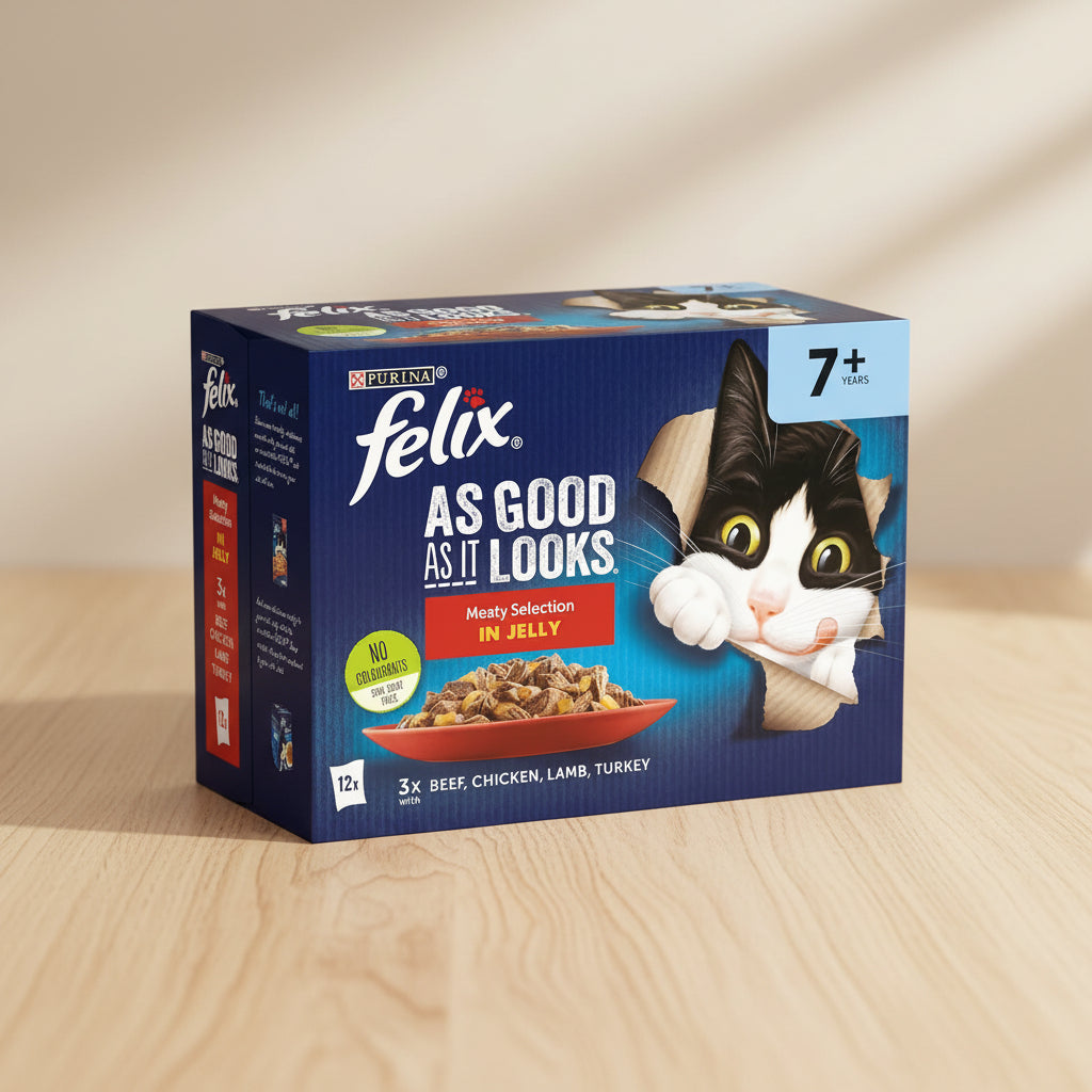 Felix cat food packaging for 7+ year olds with a cat illustration on a blue background