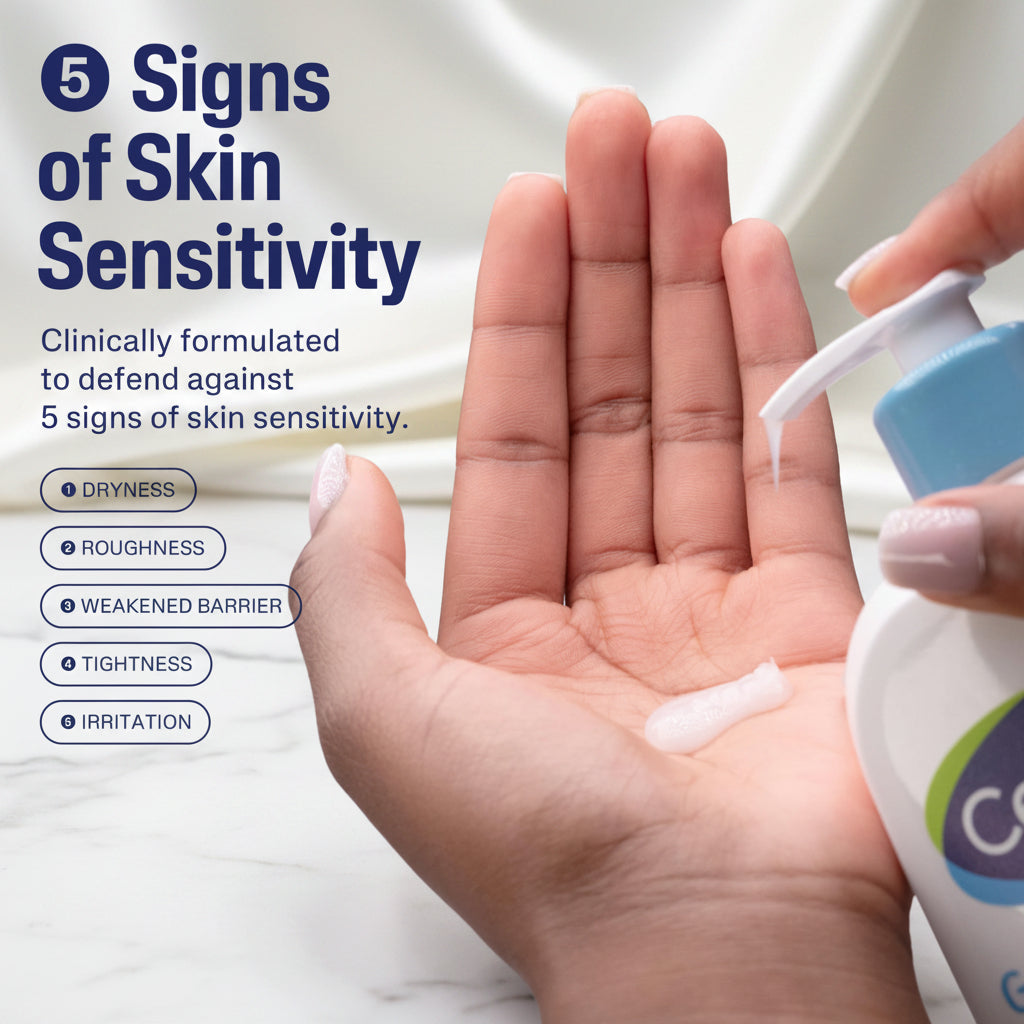 Hand holding a bottle of skincare product with text about skin sensitivity and defense.
