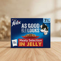 Felix cat food packaging for 7+ year olds with a bowl of food and text on a blue background.