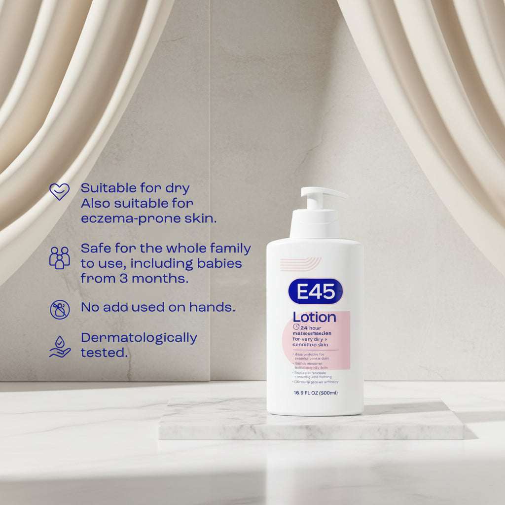 E45 lotion bottle with product features on a gray background