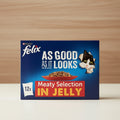 Felix cat food packaging with a cat illustration and text on a blue background