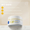 Nivea Q10 Anti-Wrinkle Power Extra Firming Day Cream SPF 30 jar shown against a blue sky background with promotional text reading 'Firmer skin IN 7 DAYS' and feature bullet points.