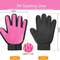 Pet grooming glove with pink and black design, showing front and back views with measurements.