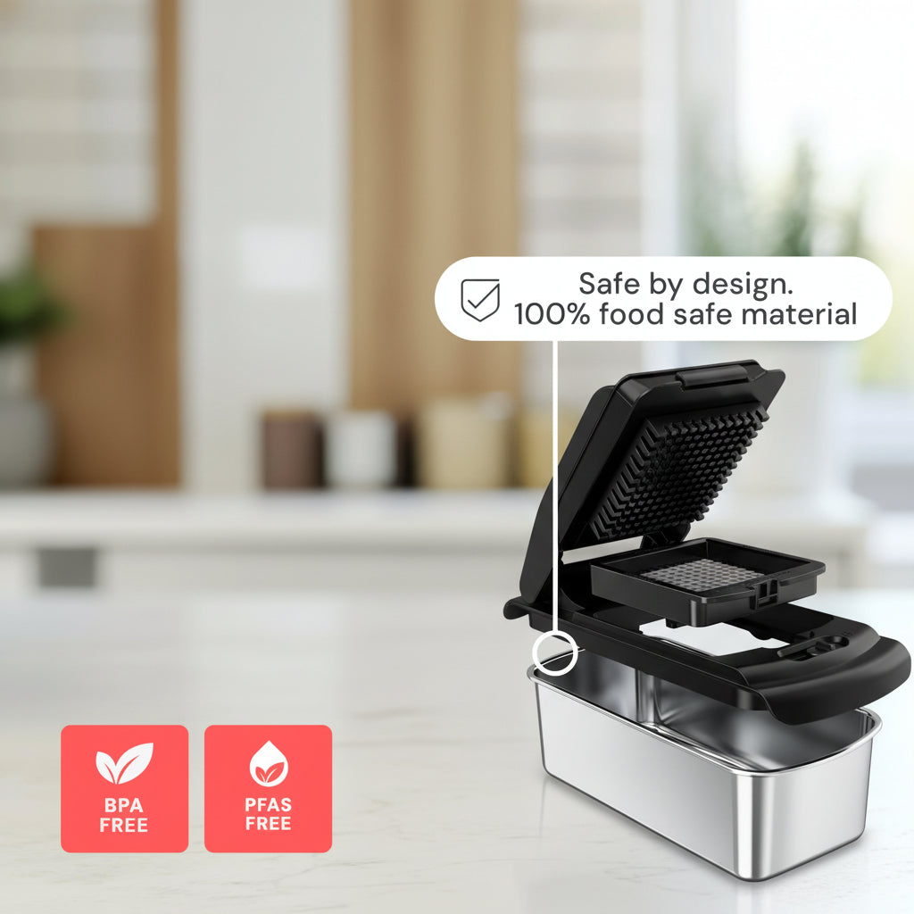 Black waffle maker with a focus on safety features and material quality.
