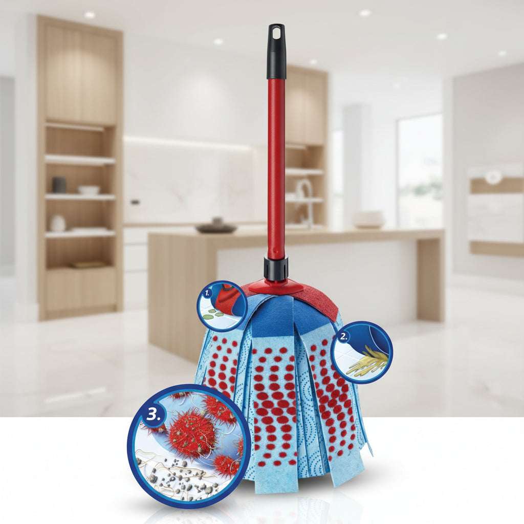 Mop with blue head and red bristles, showing close-up illustrations of cleaning process on a white background.