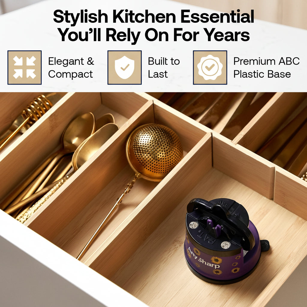 A kitchen drawer organizer set shown open, with gold utensils in compartments and a purple-and-black Sharpie-branded drawer stopper in the front compartment. Text at the top reads 'Stylish Kitchen Essential You'll Rely On For Years' with feature callouts.