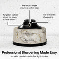 A countertop sharpening device with a white and gold marble-patterned body, black top, and black base, shown with callout lines and text explaining features such as pre-set 20° angle, tungsten carbide edges, and tip-to-handle sharpening. Large marketing text appears at the bottom.