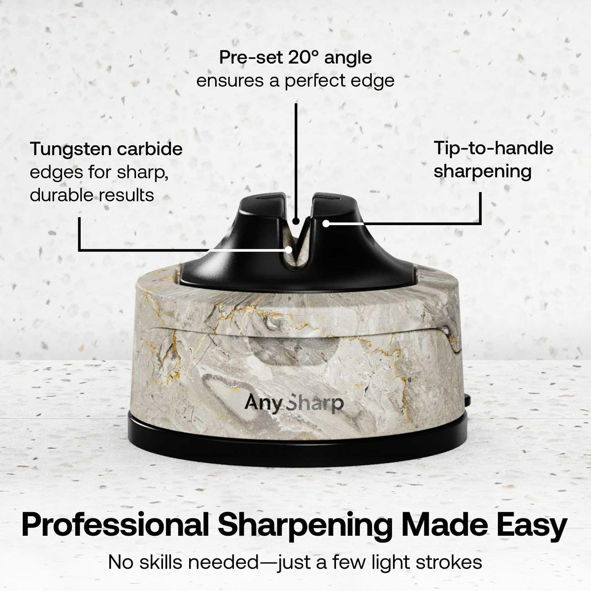 A countertop sharpening device with a white and gold marble-patterned body, black top, and black base, shown with callout lines and text explaining features such as pre-set 20° angle, tungsten carbide edges, and tip-to-handle sharpening. Large marketing text appears at the bottom.
