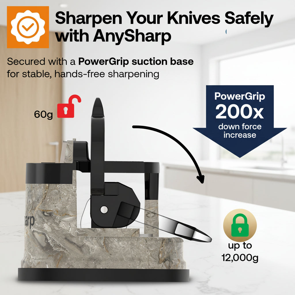 AnySharp knife sharpening stand with a PowerGrip suction base, shown on a light textured background with promotional text and icons indicating secure 60g to 12,000g down force and 200x increased power.