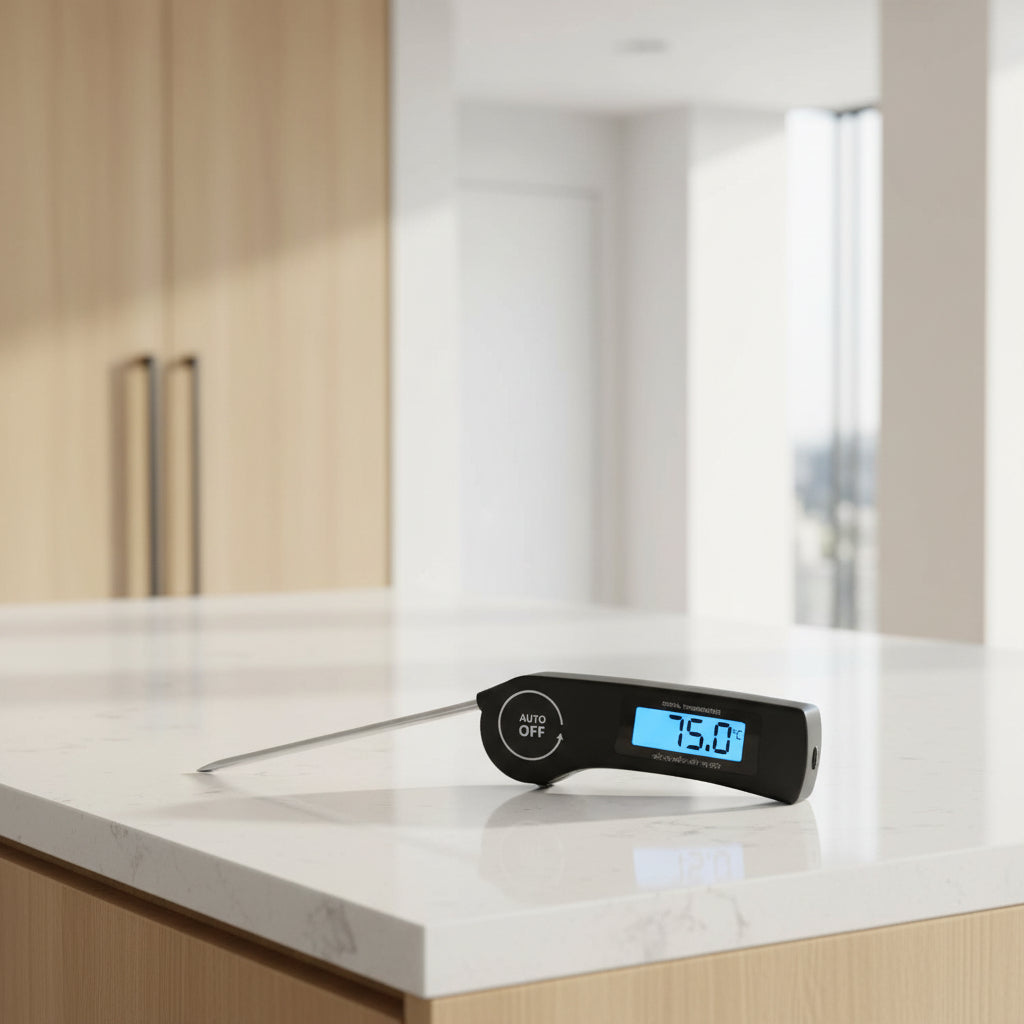 Digital thermometer reading 75.0°C being used on a grill with flames and food.