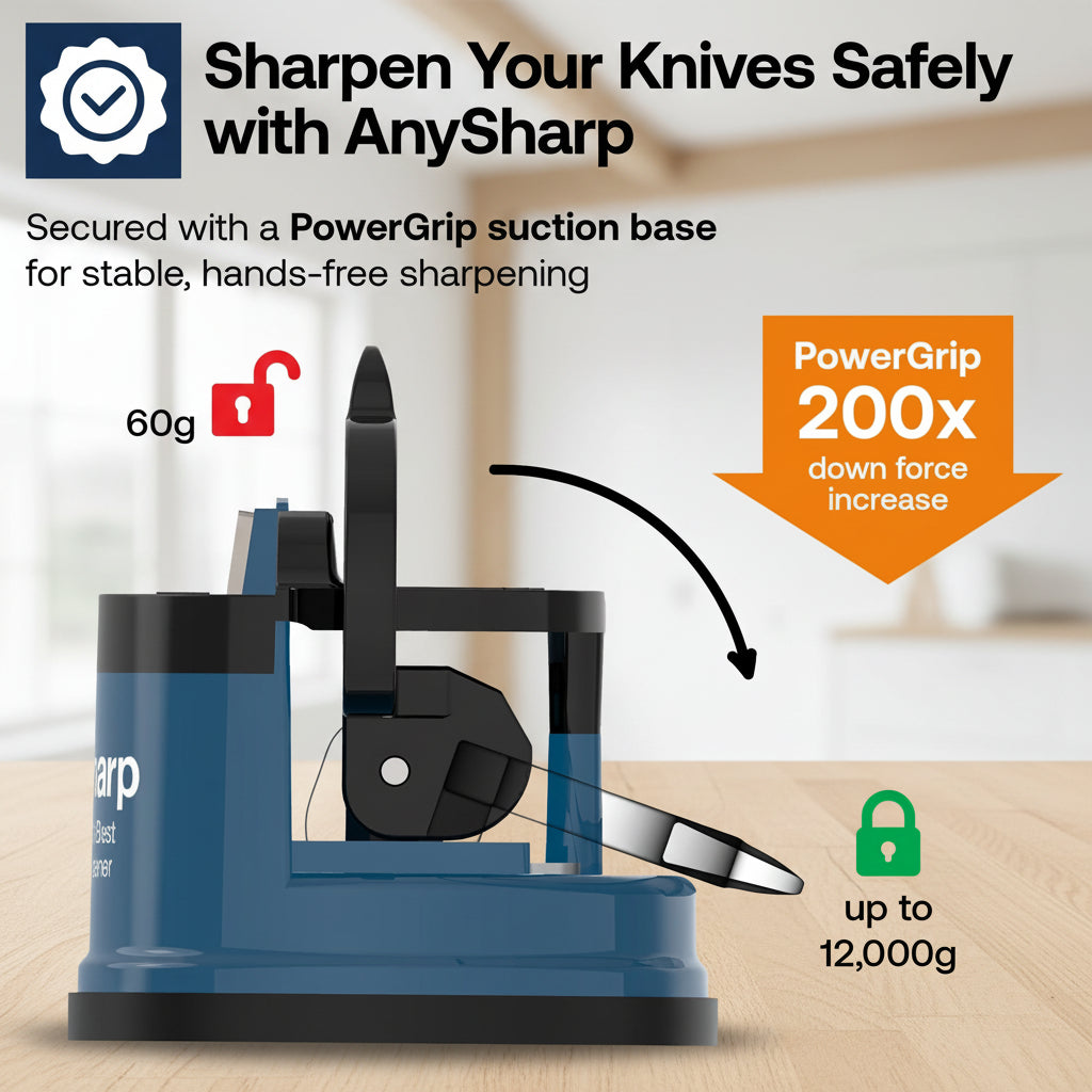 AnySharp sharpening machine with PowerGrip suction base, shown on a light textured background with promotional text and graphic callouts about 60g and up to 12,000g force.