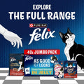 Purina Felix cat food promotional graphic showing a black-and-white cat illustration, a white gloved hand, large text reading 'EXPLORE THE FULL RANGE,' and several Felix pouches arranged at the bottom against a dark blue background.
