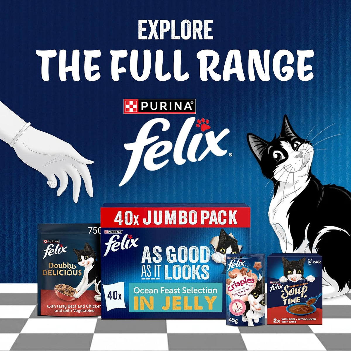 Purina Felix cat food promotional graphic showing a black-and-white cat illustration, a white gloved hand, large text reading 'EXPLORE THE FULL RANGE,' and several Felix pouches arranged at the bottom against a dark blue background.