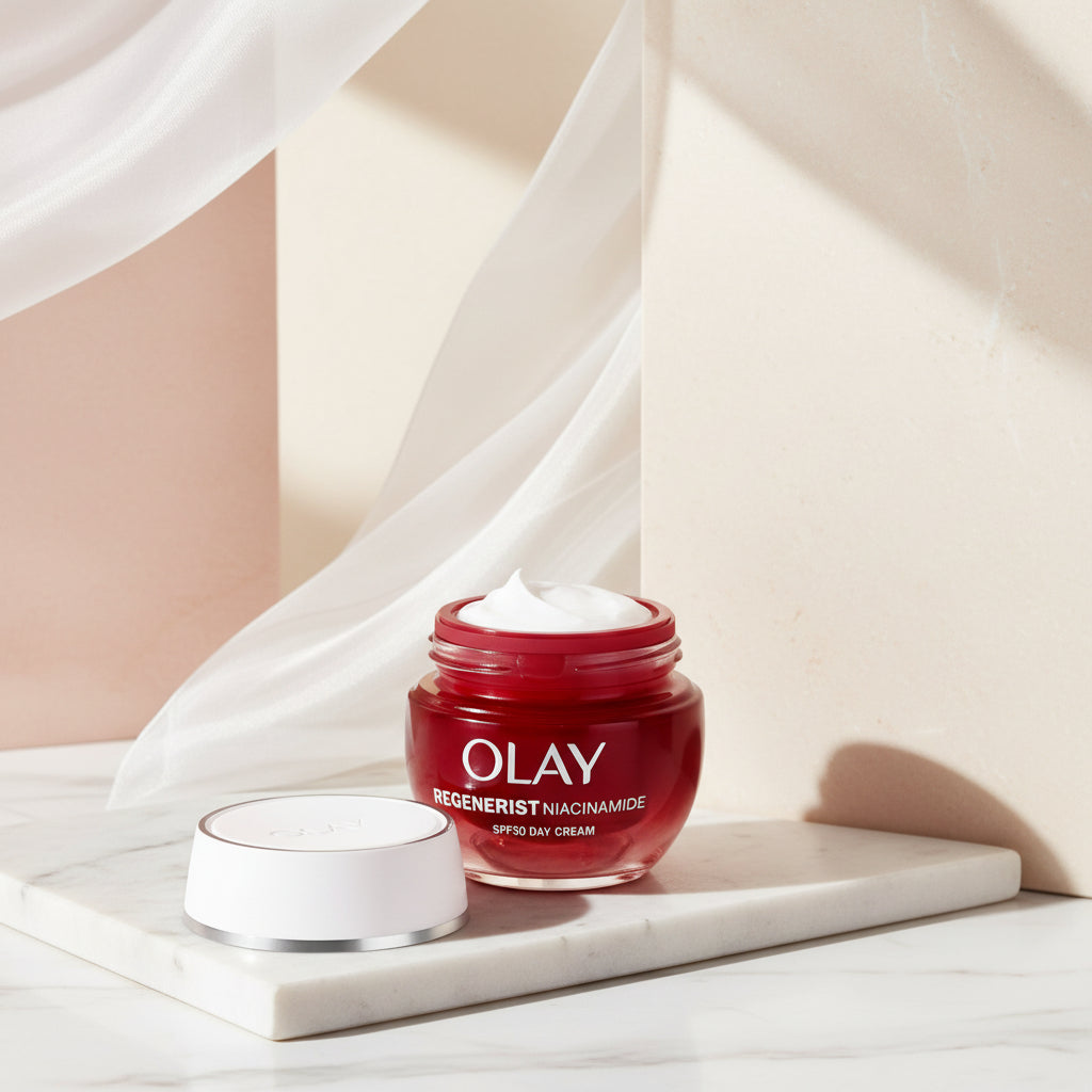 Olay Regenerist Niacinamide cream jar with a white background