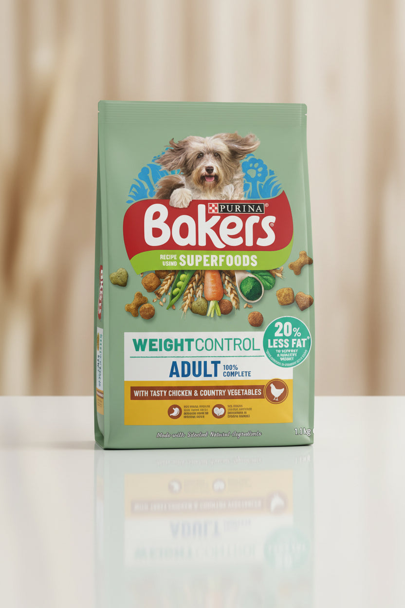 A bag of Purina Bakers Recipe Using Superfoods Weight Control Adult dog food, featuring a blue wood-textured background with a small dog, vegetables, and kibble pieces.